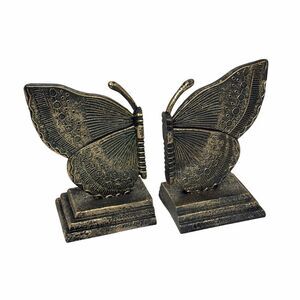 Antique Bronze Butterfly Bookends Set Resin Decorative Book Supports 10.25 Inch